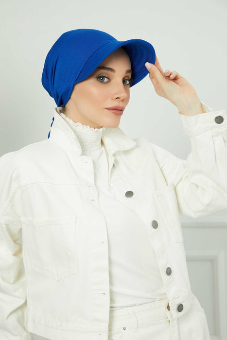 Instant Turban Newsboy Hat for Women, 95% Cotton Women's Visor Cap, Stylish Chemo Bonnet Visor Cap, Handmade Women Newsboy Headwear,B-71 Sax Blue