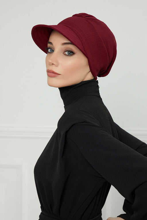 High Quality Newsboy Women Hat, Pre-Tied Turban made from High Quality Wrinkle-Resistant Aerobin Fabric, Visored Instant Turban Cover,B-73A Maroon