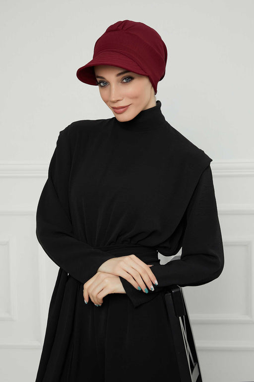 High Quality Newsboy Women Hat, Pre-Tied Turban made from High Quality Wrinkle-Resistant Aerobin Fabric, Visored Instant Turban Cover,B-73A Maroon