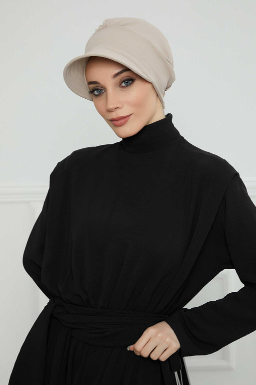 High Quality Newsboy Women Hat, Pre-Tied Turban made from High Quality Wrinkle-Resistant Aerobin Fabric, Visored Instant Turban Cover,B-73A Beige