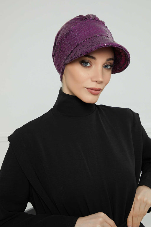 Shining Instant Turban Newsboy Women's Cap, Visor Pre-Tied Turban Head Covering for Modern Women, Chic Sequined Chemo Headwear Bonnet,B-73P Purple