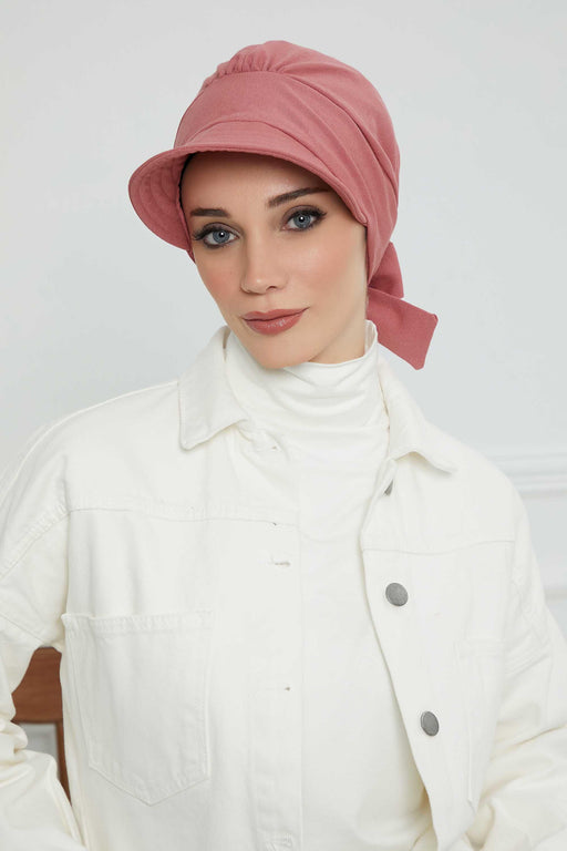 Fancy Visor Turban Headscarf for Women, Instant Turban Newsboy Hat, Cotton Turban Bonnet Cap, Plain Comfortable Chemo Visor Headwear,S-1 Dark Dried Rose