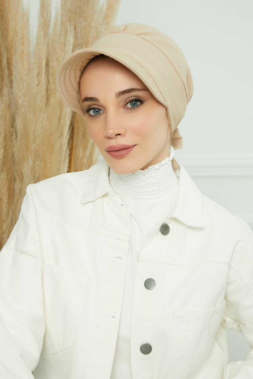 Fancy Visor Turban Headscarf for Women, Instant Turban Newsboy Hat, Cotton Turban Bonnet Cap, Plain Comfortable Chemo Visor Headwear,S-1 Beige