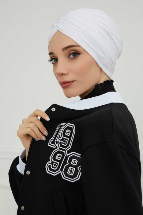 Instant Turban Plain Cotton Scarf Head Wrap Lightweight Hat Bonnet Cap for Women,B-9 White