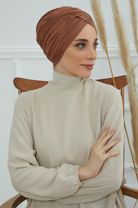 Instant Turban Plain Cotton Scarf Head Wrap Lightweight Hat Bonnet Cap for Women,B-9 Caramel Brown
