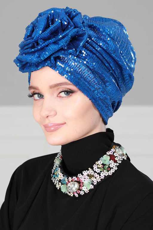 Glamorous Sequin Rose Instant Turban Hijab for Women, Sparkly Fashion Hijab Cap, Elegant Pre-Tied Headwrap with Big Fancy Rose Detail,B-21P Sax Blue