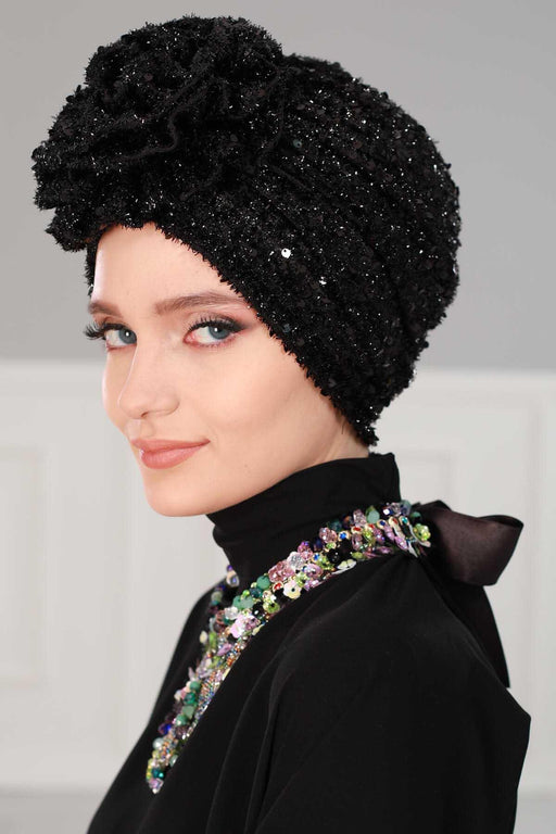 Sparkly Black Sequin Rose Instant Turban, Stylish Pre-Tied Headwrap for Fashionable Women, Chic Chemo Cap with Floral Embellishment,B-21SK Black