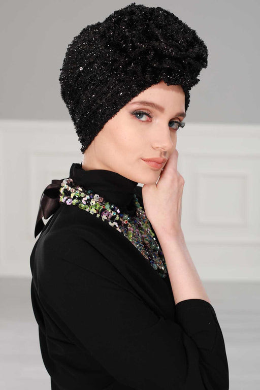 Sparkly Black Sequin Rose Instant Turban, Stylish Pre-Tied Headwrap for Fashionable Women, Chic Chemo Cap with Floral Embellishment,B-21SK Black