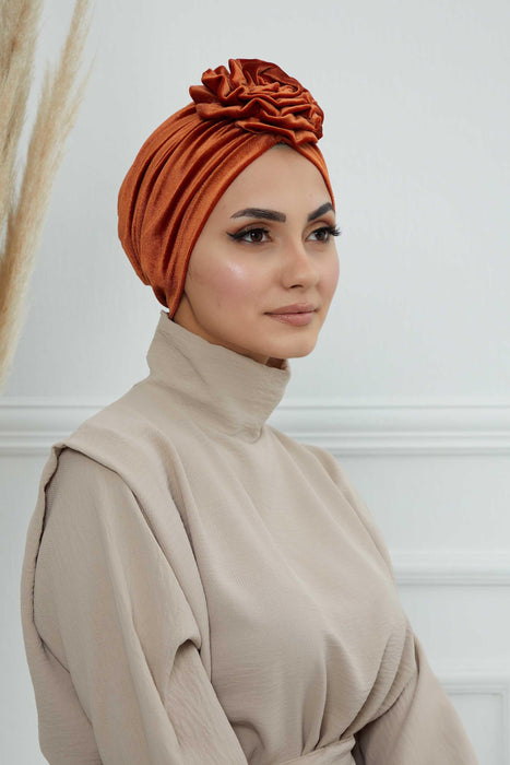 Samt Instant Turban mit wunderschönem Rosenakzent, handgemachter Soft Touch Hijab Turban für Frauen, stylische Chemo Kopfbedeckung Bonnet Cap,B-21KD