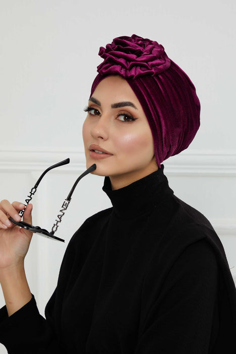 Samt Instant Turban mit wunderschönem Rosenakzent, handgemachter Soft Touch Hijab Turban für Frauen, stylische Chemo Kopfbedeckung Bonnet Cap,B-21KD