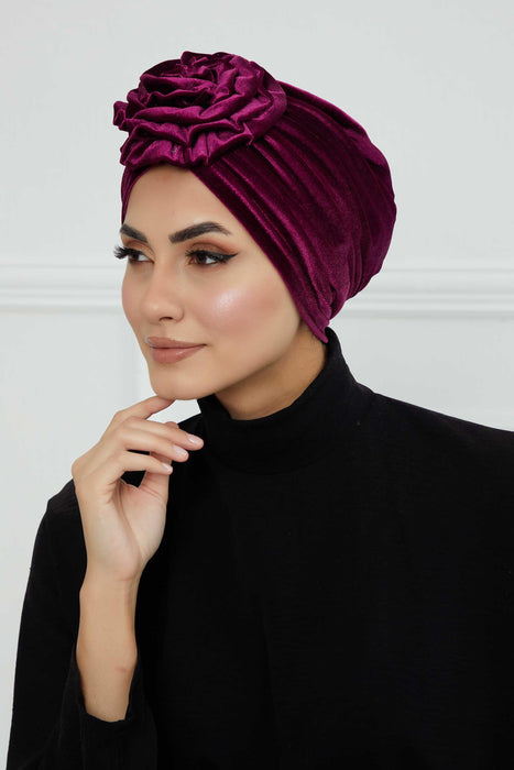 Samt Instant Turban mit wunderschönem Rosenakzent, handgemachter Soft Touch Hijab Turban für Frauen, stylische Chemo Kopfbedeckung Bonnet Cap,B-21KD