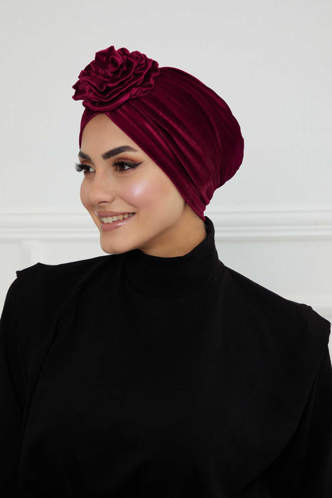 Velvet Instant Turban with a Gorgeous Rose Accent, Handmade Soft Touch Hijab Turban For Women, Stylish Chemo Headwear Bonnet Cap,B-21KD Maroon