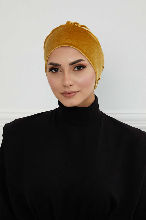 Velvet Elastic Instant Turban Bonnet Cap with Handmade Rose Detail at the Back Side, Soft Plain Color Velvet Pre-Tied Turban Hijab,B-53K Mustard Yellow