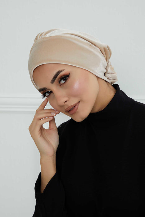 Velvet Elastic Instant Turban Bonnet Cap with Handmade Rose Detail at the Back Side, Soft Plain Color Velvet Pre-Tied Turban Hijab,B-53K Beige