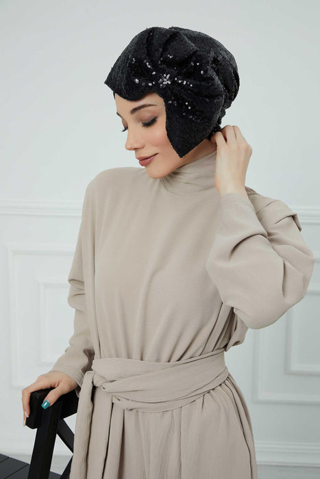 Brightly Shining Stylish Instant Turban with a Huge Bow, Beautiful Sequin-Embellished Head Cover for Modern Look, Chic Bonnet Cap,B-70 Black Sequined