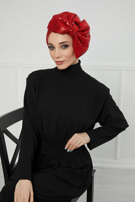 Brightly Shining Stylish Instant Turban with a Huge Bow, Beautiful Sequin-Embellished Head Cover for Modern Look, Chic Bonnet Cap,B-70 Red