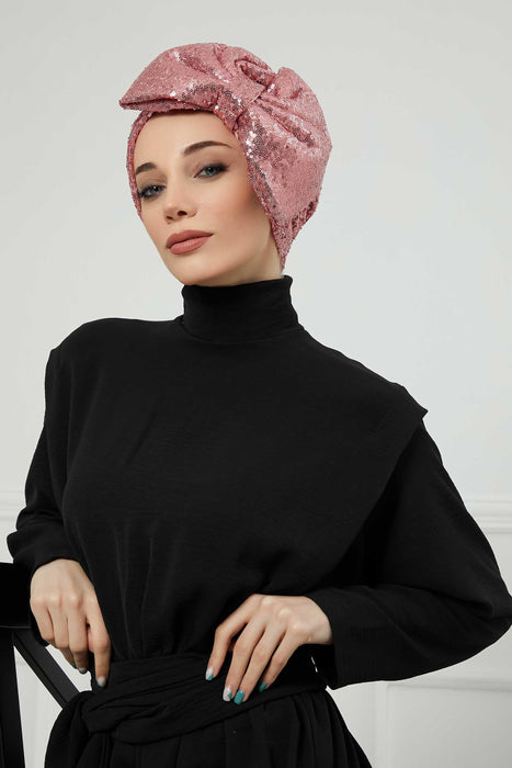 Brightly Shining Stylish Instant Turban with a Huge Bow, Beautiful Sequin-Embellished Head Cover for Modern Look, Chic Bonnet Cap,B-70 Powder