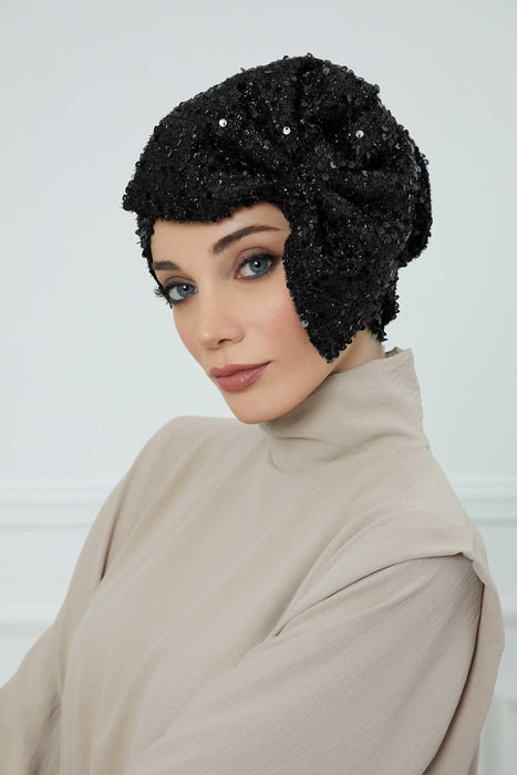 Sparkling Black Instant Turban with Bow, Gorgeous Sequined Women Headwear, Modern Evening Turban Design, Instant Bonnet Cap for Women,B-70SK Black
