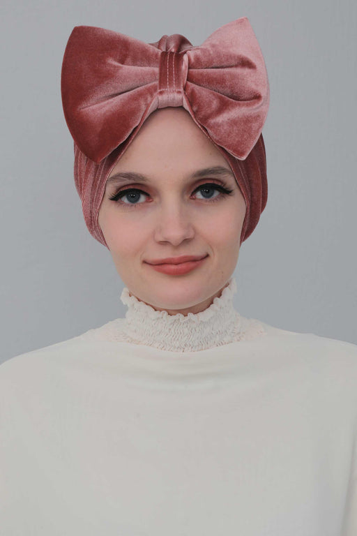 Velvet Bowtie Instant Turban Hijab for Women Lightweight Head Wrap, Luxurious Velour Pre-Tied Instant Turban, Trendy Velvet Chemo Cap,B-11K Dusty Rose