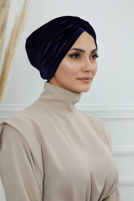 Super Soft Velvet Pre-Tied Turban, Comfortable Lightweight Winter Bonnet Cap for Women, Easy Wrap Women Head Covering, Chemo Cancer Cap,B-9K Navy Blue