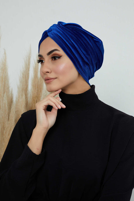 Super Soft Velvet Pre-Tied Turban, Comfortable Lightweight Winter Bonnet Cap for Women, Easy Wrap Women Head Covering, Chemo Cancer Cap,B-9K Sax Blue