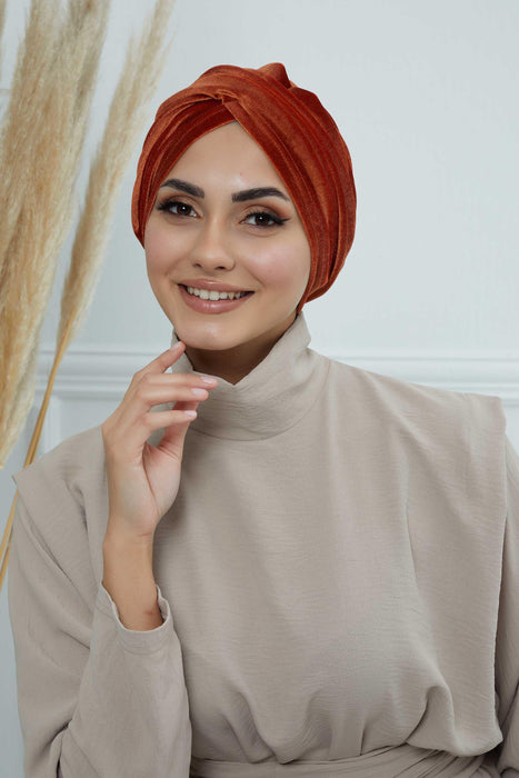 Super Soft Velvet Pre-Tied Turban, Comfortable Lightweight Winter Bonnet Cap for Women, Easy Wrap Women Head Covering, Chemo Cancer Cap,B-9K Tile Red