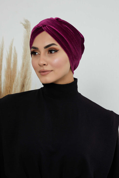 Super Soft Velvet Pre-Tied Turban, Comfortable Lightweight Winter Bonnet Cap for Women, Easy Wrap Women Head Covering, Chemo Cancer Cap,B-9K Purple