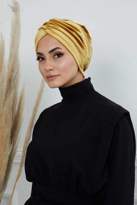Super Soft Velvet Pre-Tied Turban, Comfortable Lightweight Winter Bonnet Cap for Women, Easy Wrap Women Head Covering, Chemo Cancer Cap,B-9K Mustard Yellow
