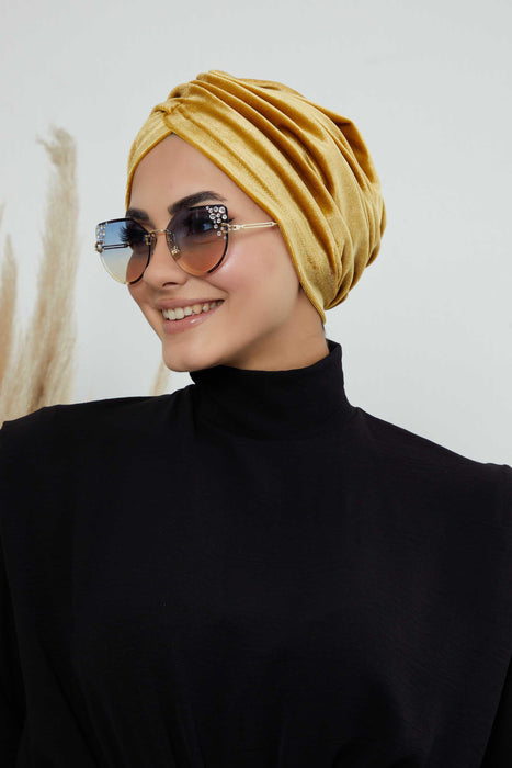 Super Soft Velvet Pre-Tied Turban, Comfortable Lightweight Winter Bonnet Cap for Women, Easy Wrap Women Head Covering, Chemo Cancer Cap,B-9K Mustard Yellow