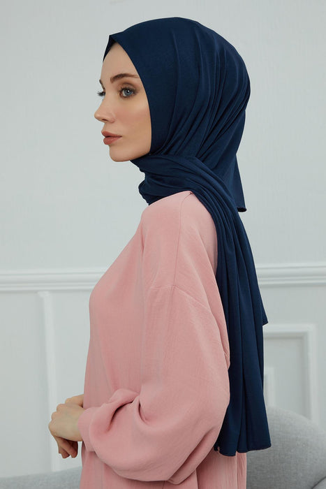 Jersey Cotton Shawl for Women Modesty, Head Wrap Turban, Cap Headwear Rectangle Combed Cotton Hijab,CTS-5 Navy Blue