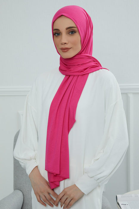 Jersey Cotton Shawl for Women Modesty, Head Wrap Turban, Cap Headwear Rectangle Combed Cotton Hijab,CTS-5 Fuchsia