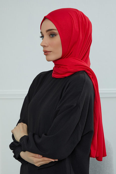 Jersey Cotton Shawl for Women Modesty, Head Wrap Turban, Cap Headwear Rectangle Combed Cotton Hijab,CTS-5 Red