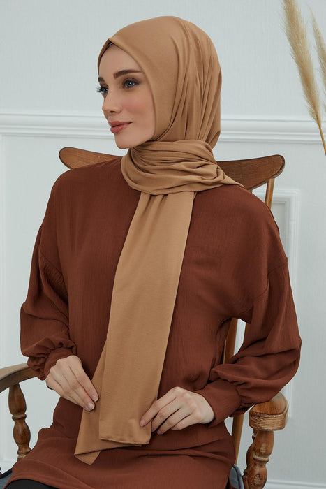 Jersey Cotton Shawl for Women Modesty, Head Wrap Turban, Cap Headwear Rectangle Combed Cotton Hijab,CTS-5 Light Brown