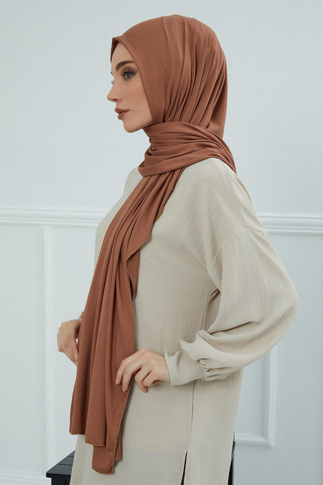 Jersey Cotton Shawl for Women Modesty, Head Wrap Turban, Cap Headwear Rectangle Combed Cotton Hijab,CTS-5 Caramel Brown