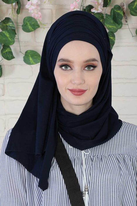 Jersey Shawl for Women 95% Cotton Bonnet Modesty Turban Cap Wrap Instant Scarf,BT-1 Navy Blue