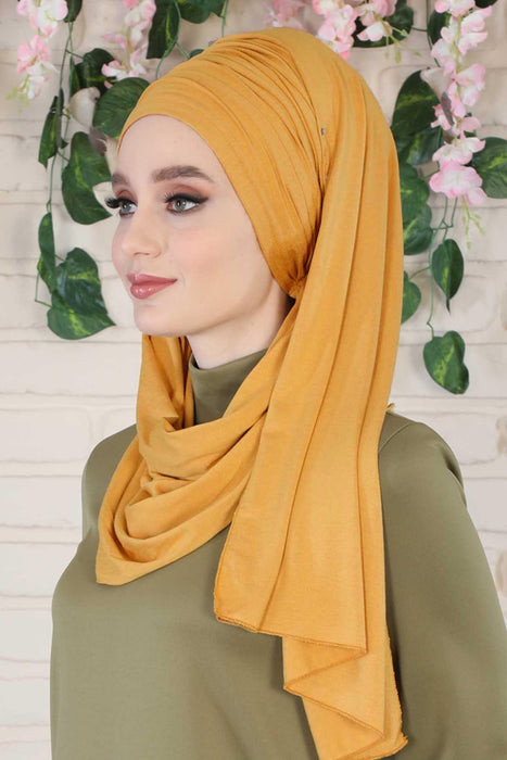 Jersey Shawl for Women 95% Cotton Bonnet Modesty Turban Cap Wrap Instant Scarf,BT-1 Mustard Yellow