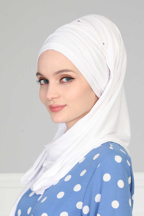 Jersey Shawl for Women 95% Cotton Bonnet Modesty Turban Cap Wrap Instant Scarf,BT-1 White