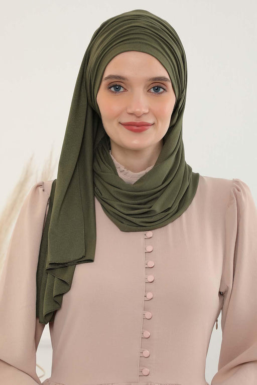 Jersey Shawl for Women 95% Cotton Bonnet Modesty Turban Cap Wrap Instant Scarf,BT-1 Army Green