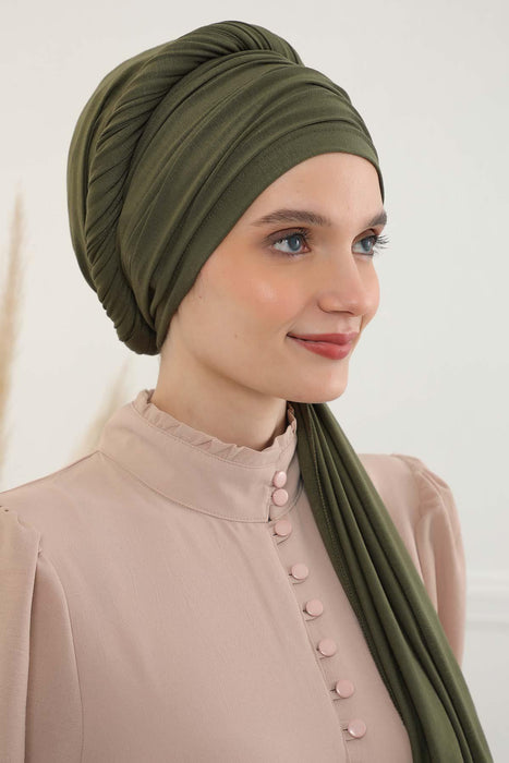 Jersey Shawl for Women 95% Cotton Bonnet Modesty Turban Cap Wrap Instant Scarf,BT-1 Army Green