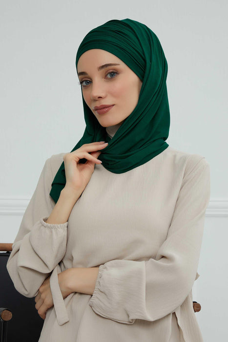 Jersey Shawl for Women 95% Cotton Bonnet Modesty Turban Cap Wrap Instant Scarf,BT-1 Green