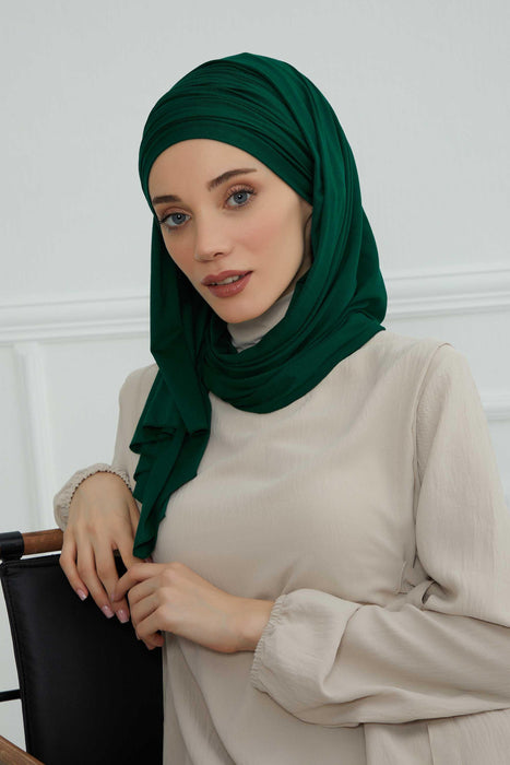 Jersey Shawl for Women 95% Cotton Bonnet Modesty Turban Cap Wrap Instant Scarf,BT-1 Green