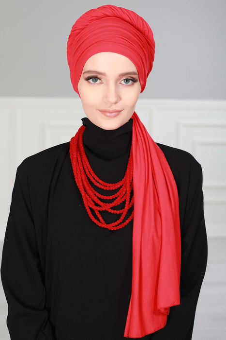 Jersey Shawl for Women 95% Cotton Bonnet Modesty Turban Cap Wrap Instant Scarf,BT-1 Red