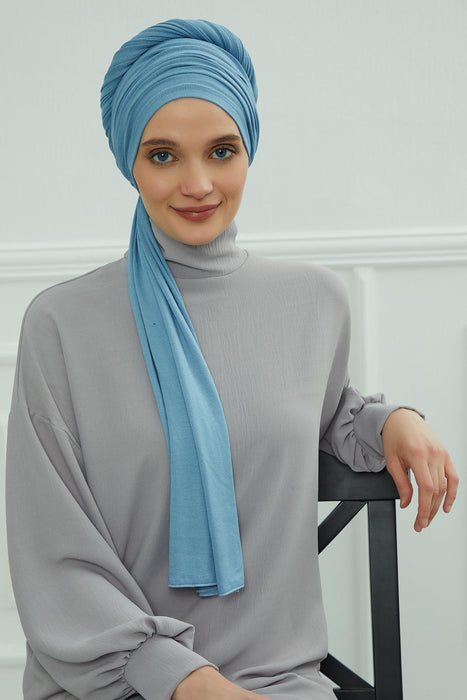 Jersey Shawl for Women 95% Cotton Bonnet Modesty Turban Cap Wrap Instant Scarf,BT-1 Blue
