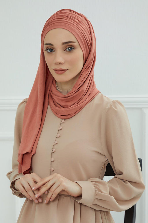 Jersey Shawl for Women 95% Cotton Bonnet Modesty Turban Cap Wrap Instant Scarf,BT-1 Salmon