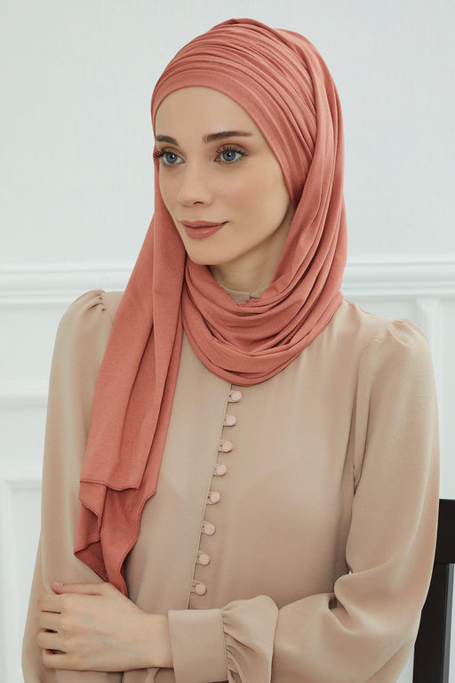 Jersey Shawl for Women 95% Cotton Bonnet Modesty Turban Cap Wrap Instant Scarf,BT-1 Salmon