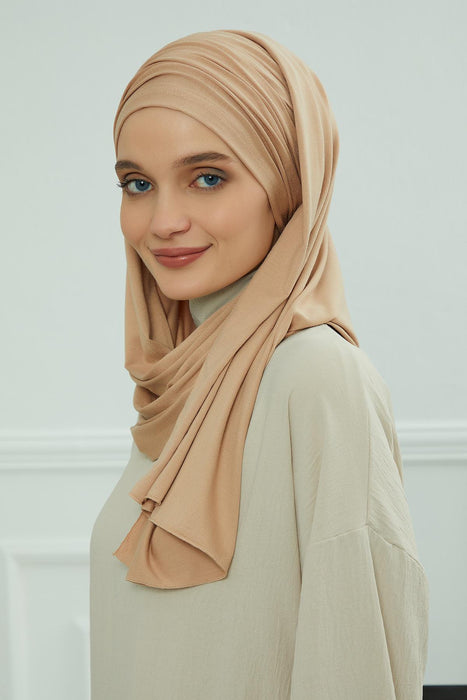 Jersey Shawl for Women 95% Cotton Bonnet Modesty Turban Cap Wrap Instant Scarf,BT-1 Sand Brown