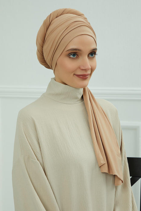 Jersey Shawl for Women 95% Cotton Bonnet Modesty Turban Cap Wrap Instant Scarf,BT-1 Sand Brown