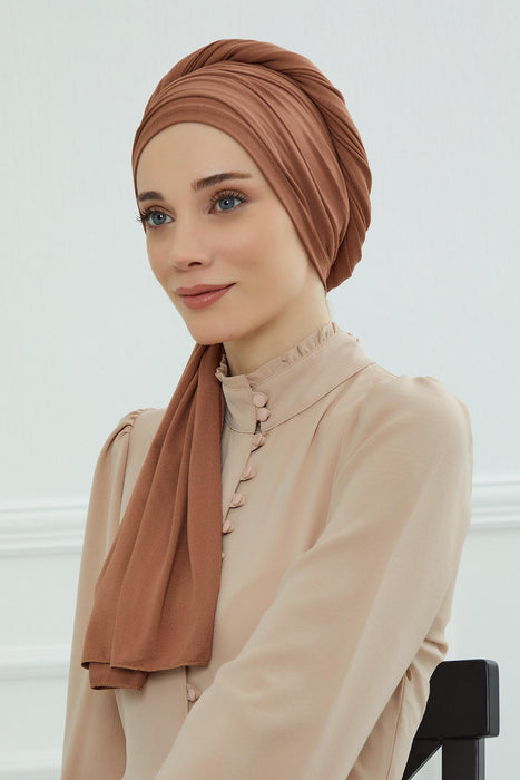 Jersey Shawl for Women 95% Cotton Bonnet Modesty Turban Cap Wrap Instant Scarf,BT-1 Caramel Brown