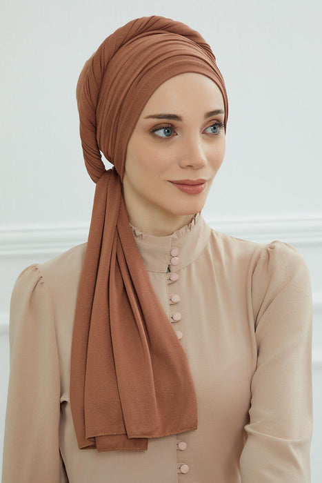 Jersey Shawl for Women 95% Cotton Bonnet Modesty Turban Cap Wrap Instant Scarf,BT-1 Caramel Brown
