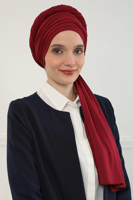 Jersey Shawl for Women 95% Cotton Bonnet Modesty Turban Cap Wrap Instant Scarf,BT-1 Maroon